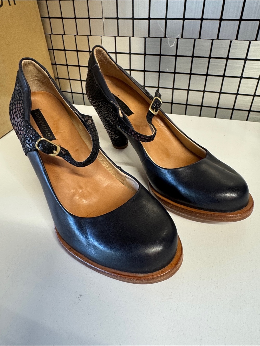 Black Leather Mary Jane Heels with Textured Strap